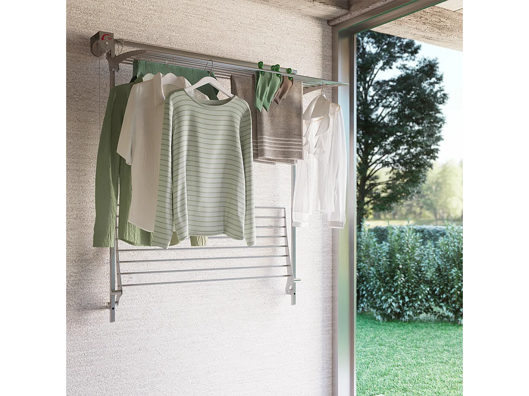 Étendoir mural 2 grilles pour intérieur et extérieur – gris – 128x52x137 cm Wall Plus