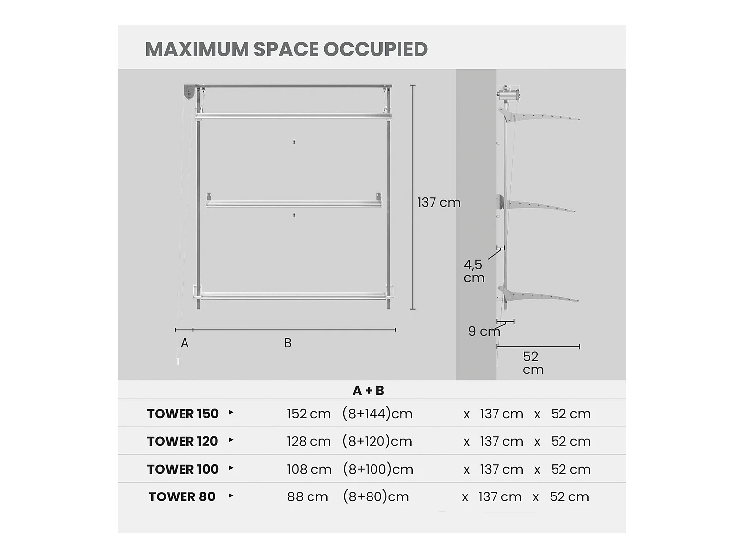 Étendoir mural 3 grilles pour intérieur et extérieur – blanc – 128x52x137 cm Tower