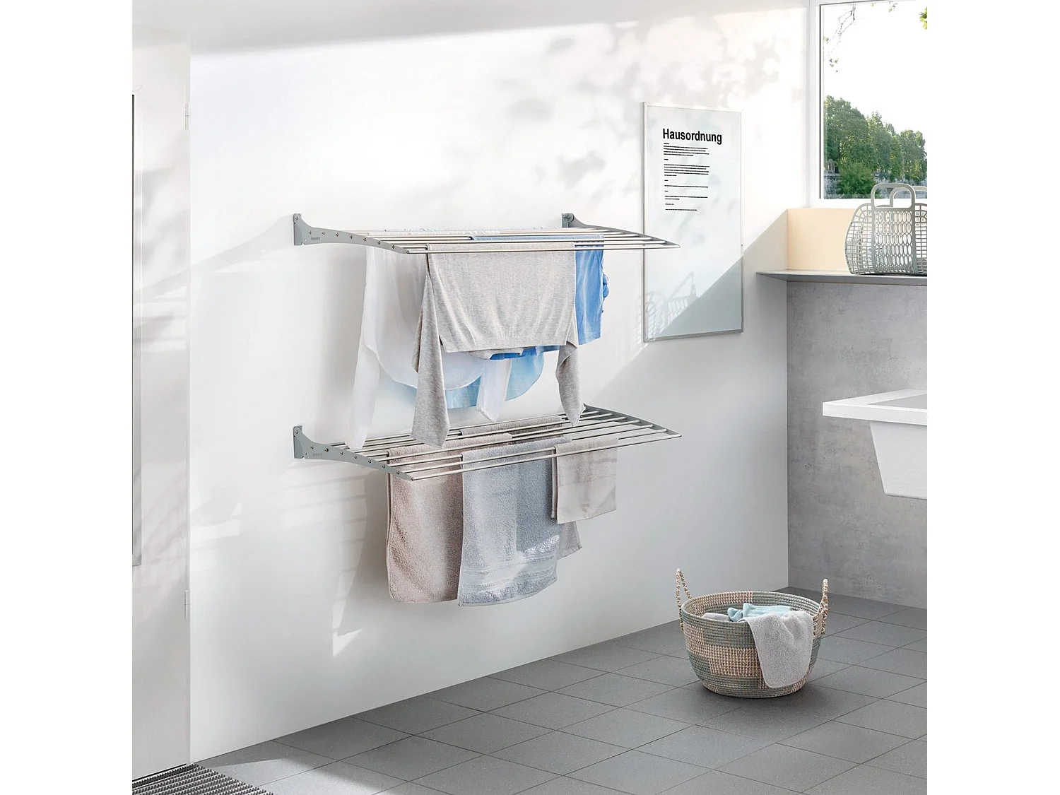 Étendoir à linge mural pour intérieur et extérieur – gris – 116x50x10 cm Fold Down 120