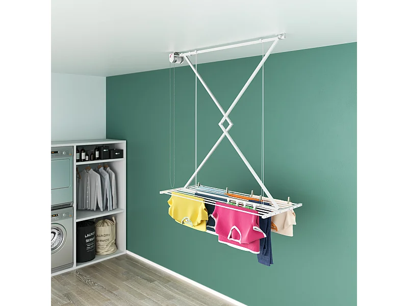 Étendoir de plafond manuel en aluminium résistant – blanc – 128x54x25 cm Mini 120