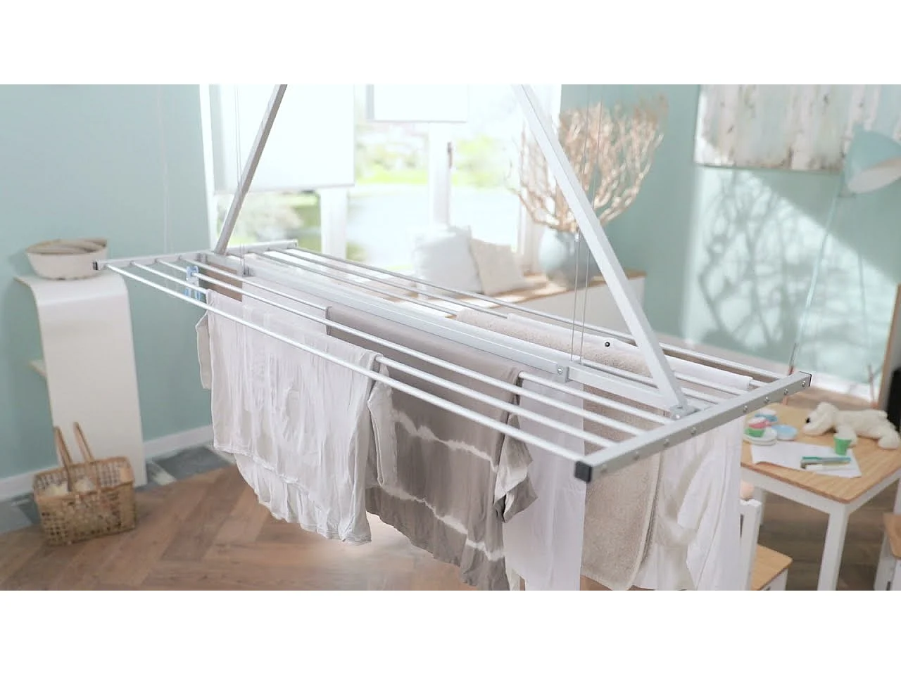 Étendoir de plafond manuel en aluminium résistant – blanc – 128x54x25 cm Mini 120