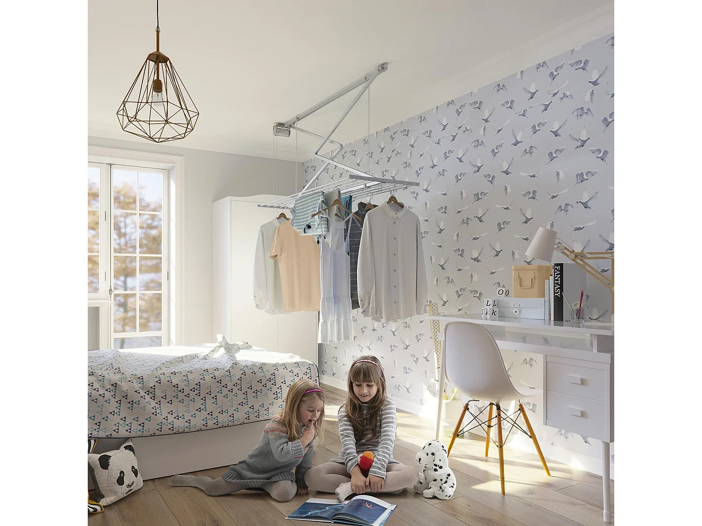 Étendoir de plafond manuel en aluminium résistant – blanc – 128x54x25 cm Mini 120