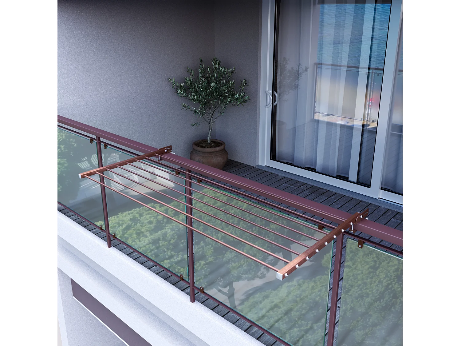 Étendoir balcon pliable et inclinable pour extérieur – corten – 202x63x8 cm DUO