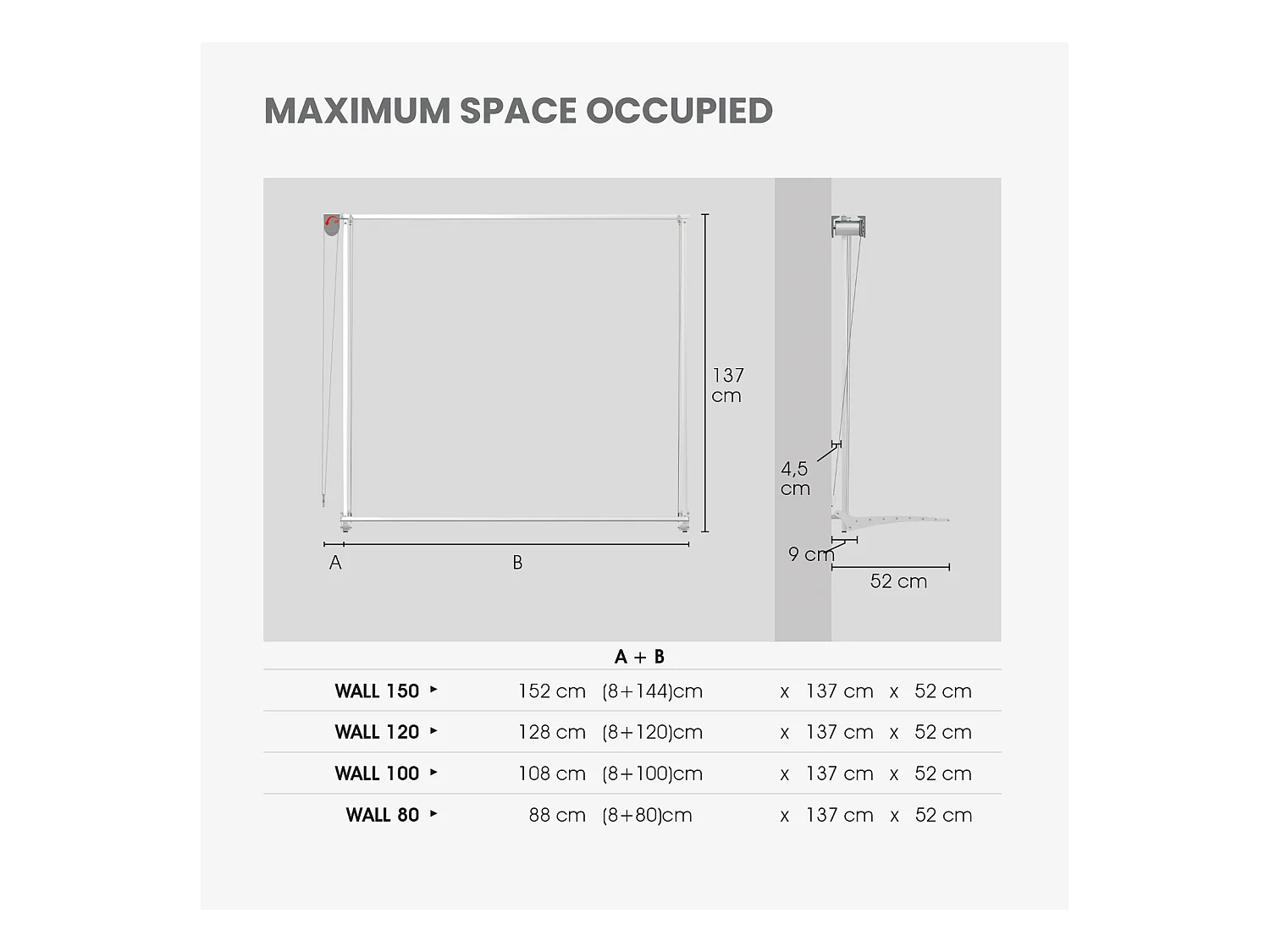 Étendoir mural en aluminium résistant et robuste – gris – 128x52x137 cm Wall 120