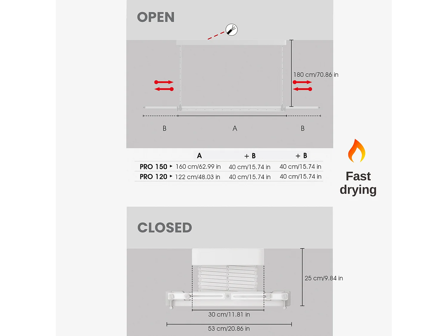 Séchoir électrique de plafond avec télécommande – gris – 160x52x30 cm PRO 150