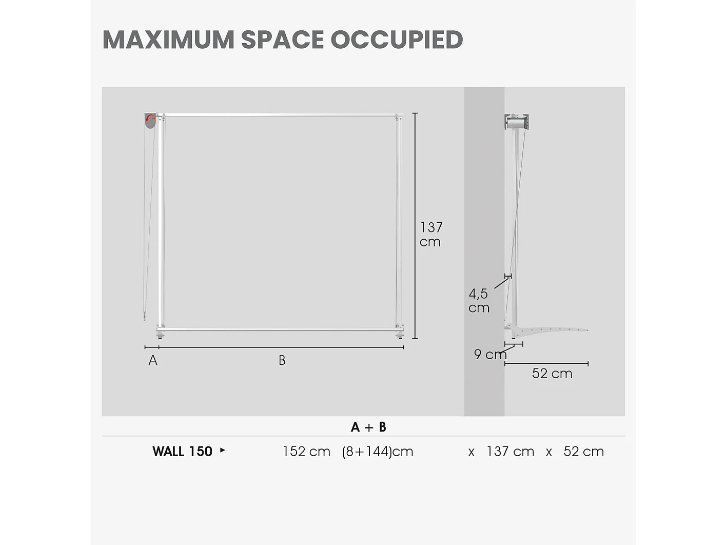 Étendoir mural pour intérieur et extérieur, durable – gris – 152x52x137 cm Wall 150
