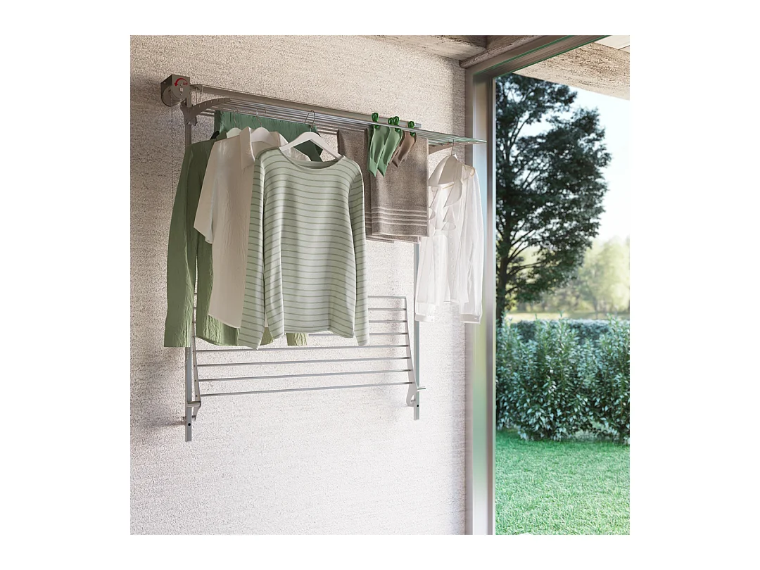 Étendoir mural 2 grilles pliable et réglable en hauteur – gris – 152x52x137 cm Wall Plus