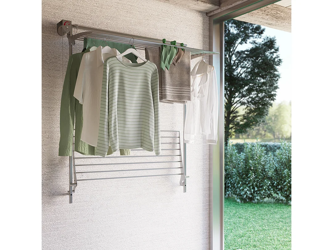 Étendoir mural 2 grilles pliable et réglable en hauteur – gris – 152x52x137 cm Wall Plus