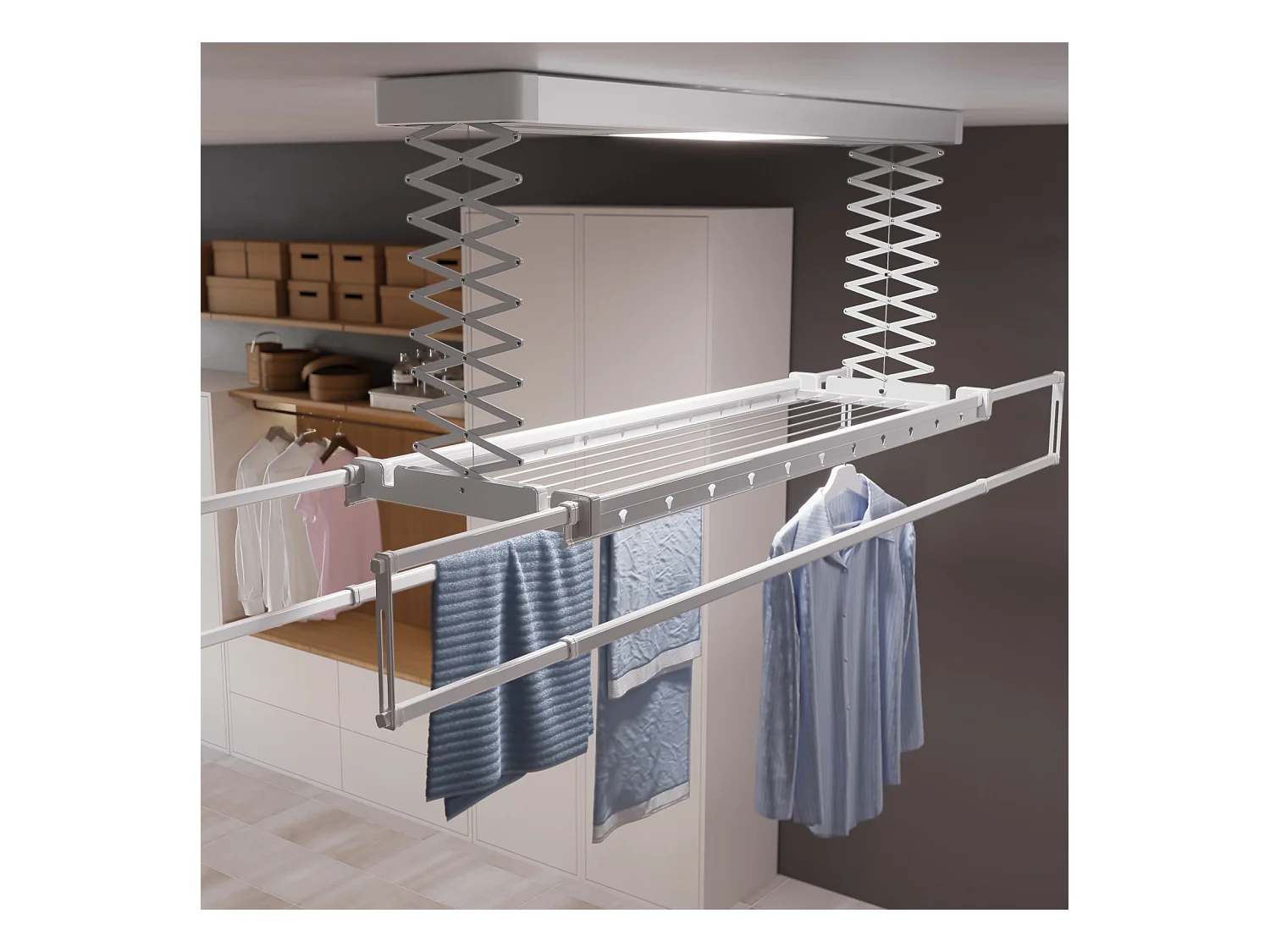 Étendoir électrique mur ou plafond avec télécommande – gris – 122x52x30 cm PRO 120