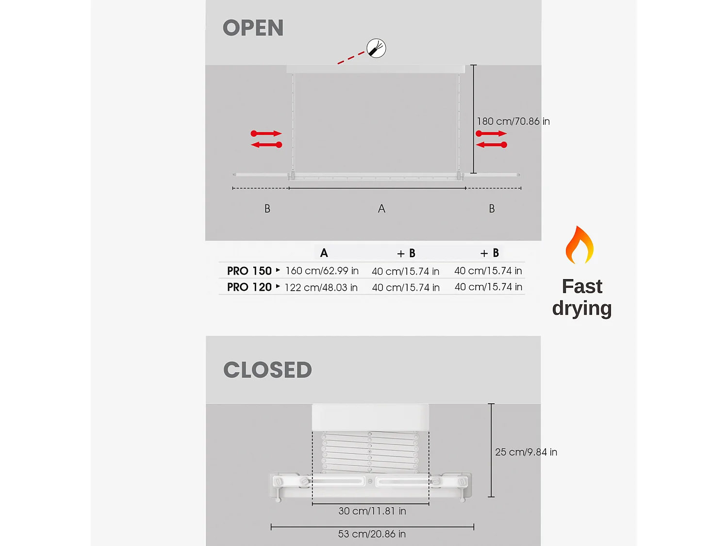 Étendoir électrique mur ou plafond avec télécommande – gris – 122x52x30 cm PRO 120