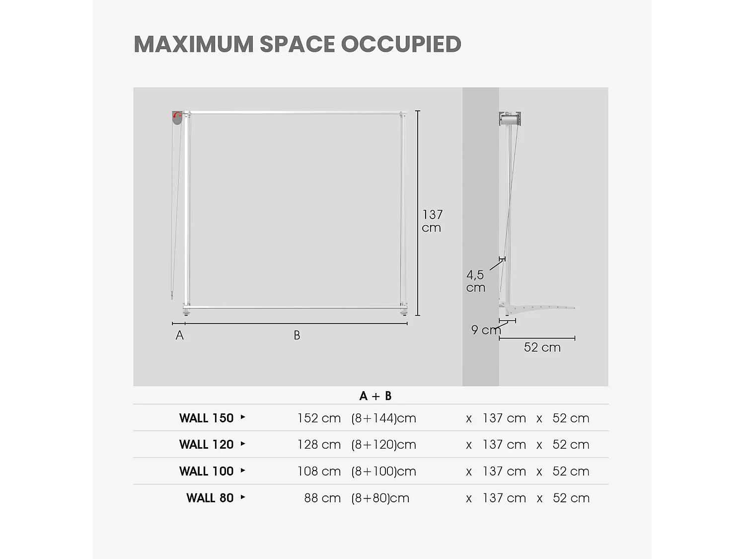 Étendoir mural en aluminium résistant et robuste – gris – 88x52x137 cm Wall 80