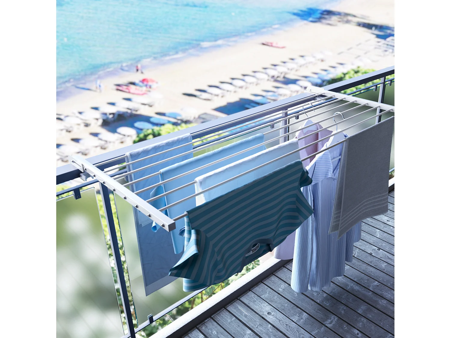 Étendoir balcon pliable et inclinable anti-rouille – blanc – 162x63x8 cm DUO