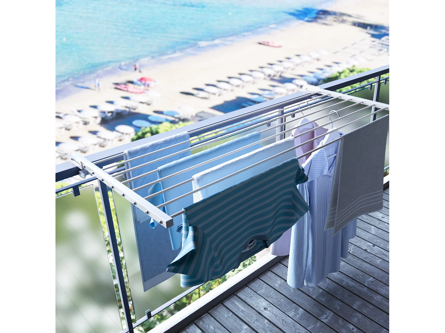 Étendoir balcon pliable et inclinable anti-rouille – blanc – 162x63x8 cm DUO