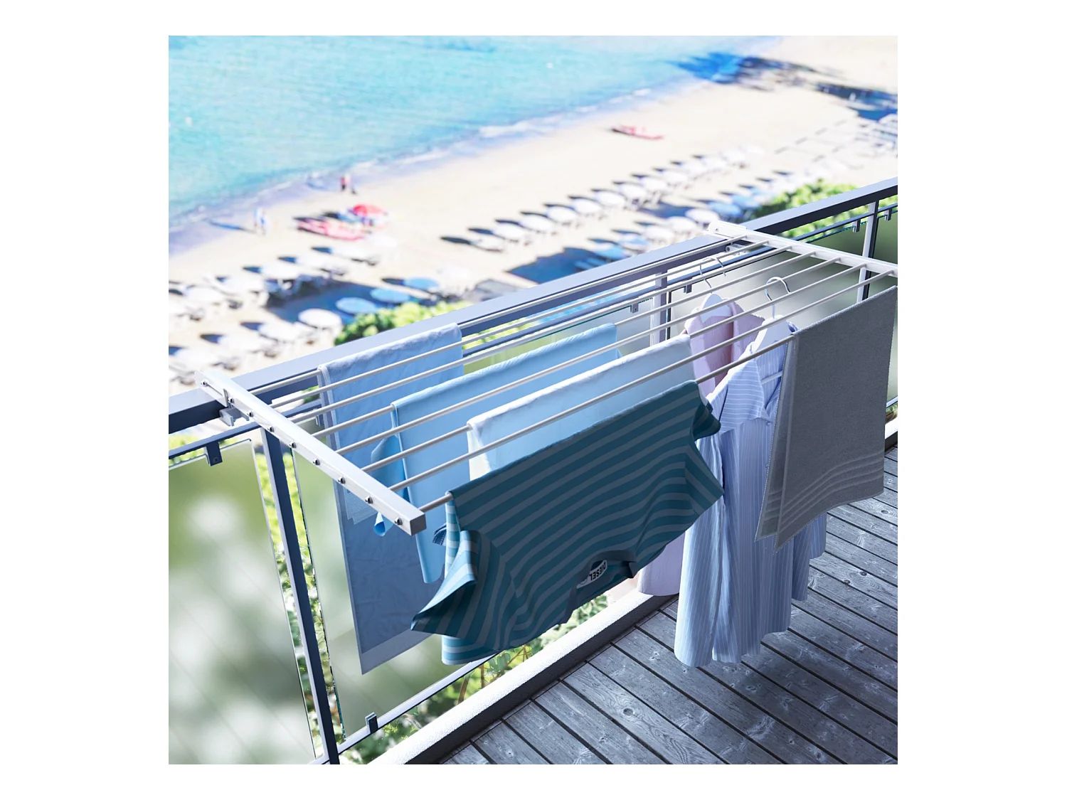 Étendoir balcon pliable et inclinable aluminium résistant – blanc – 62x63x8 cm DUO