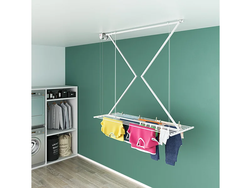 Étendoir de plafond manuel en aluminium résistant – blanc – 152x54x25 cm Mini 150