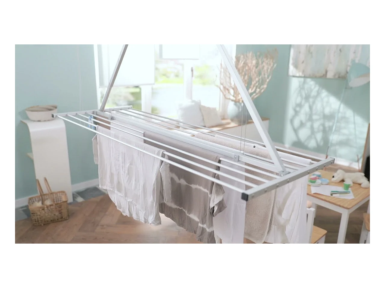 Étendoir de plafond manuel en aluminium résistant – blanc – 152x54x25 cm Mini 150