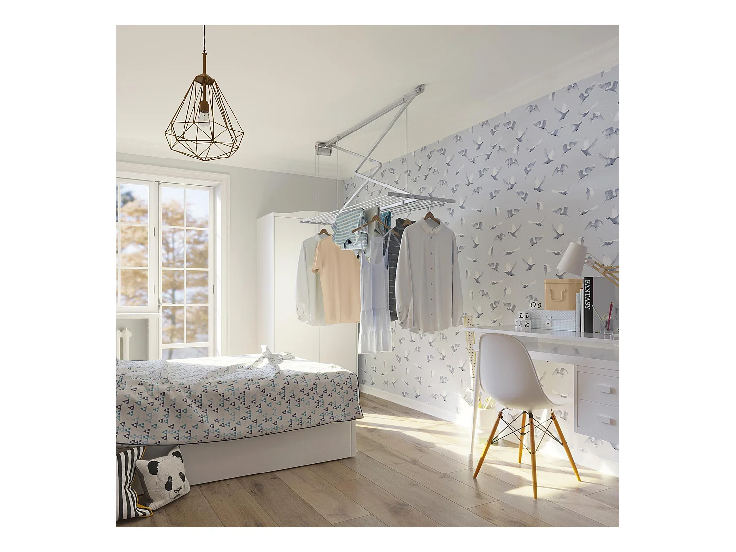 Étendoir de plafond manuel en aluminium résistant – blanc – 152x54x25 cm Mini 150