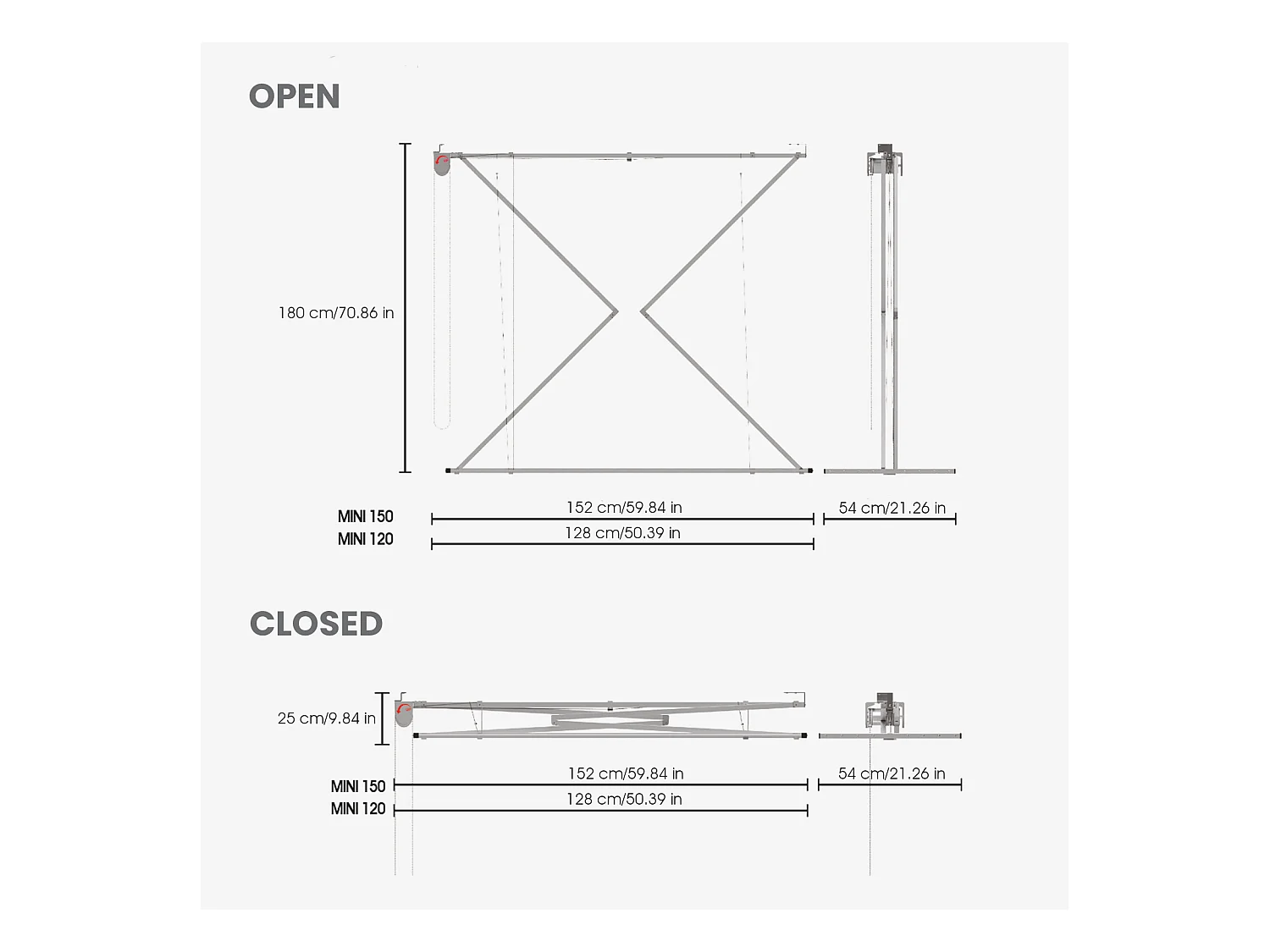 Étendoir de plafond manuel en aluminium résistant – blanc – 152x54x25 cm Mini 150