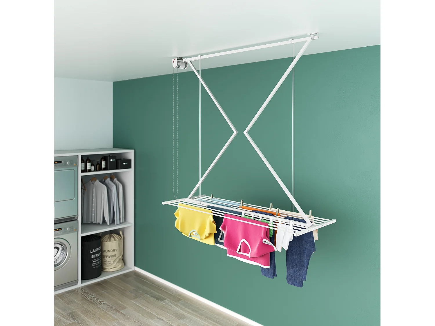 Étendoir de plafond manuel en aluminium résistant – blanc – 152x54x25 cm Mini 150