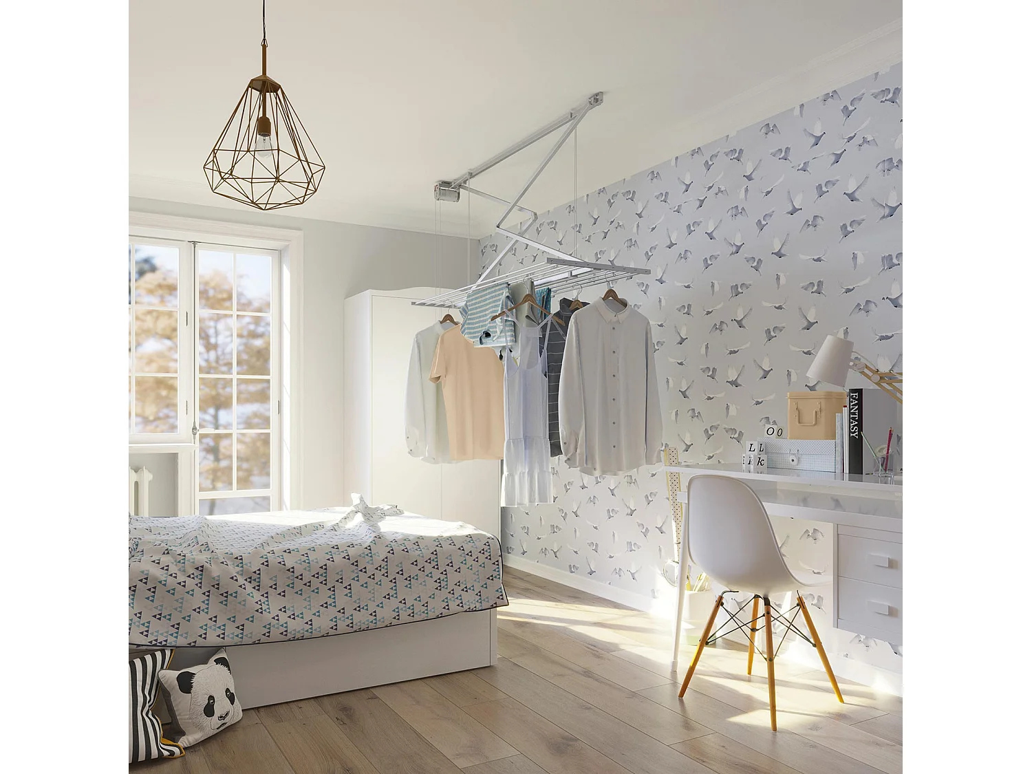 Étendoir de plafond manuel en aluminium résistant – blanc – 152x54x25 cm Mini 150