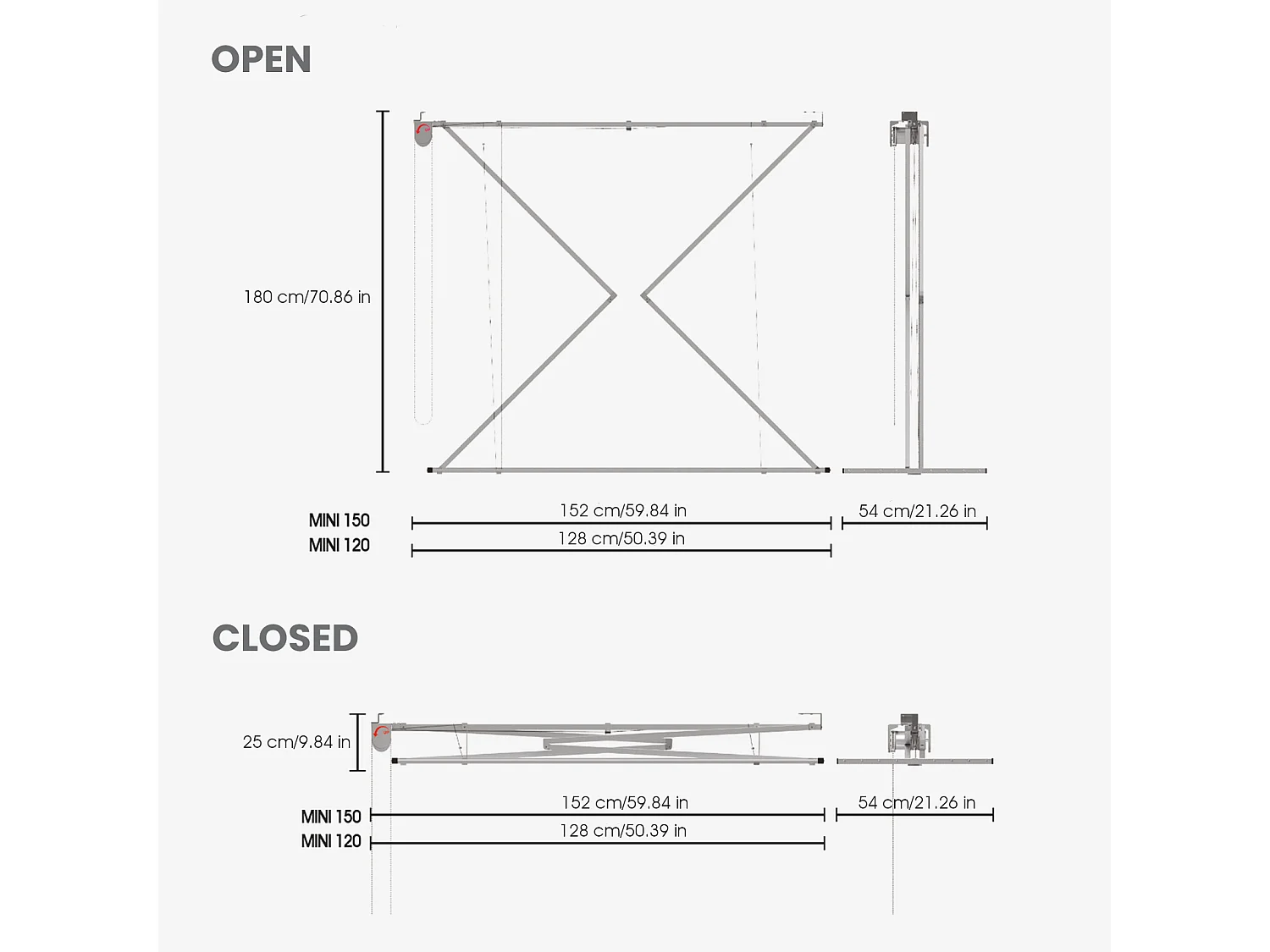 Étendoir de plafond manuel en aluminium résistant – blanc – 152x54x25 cm Mini 150