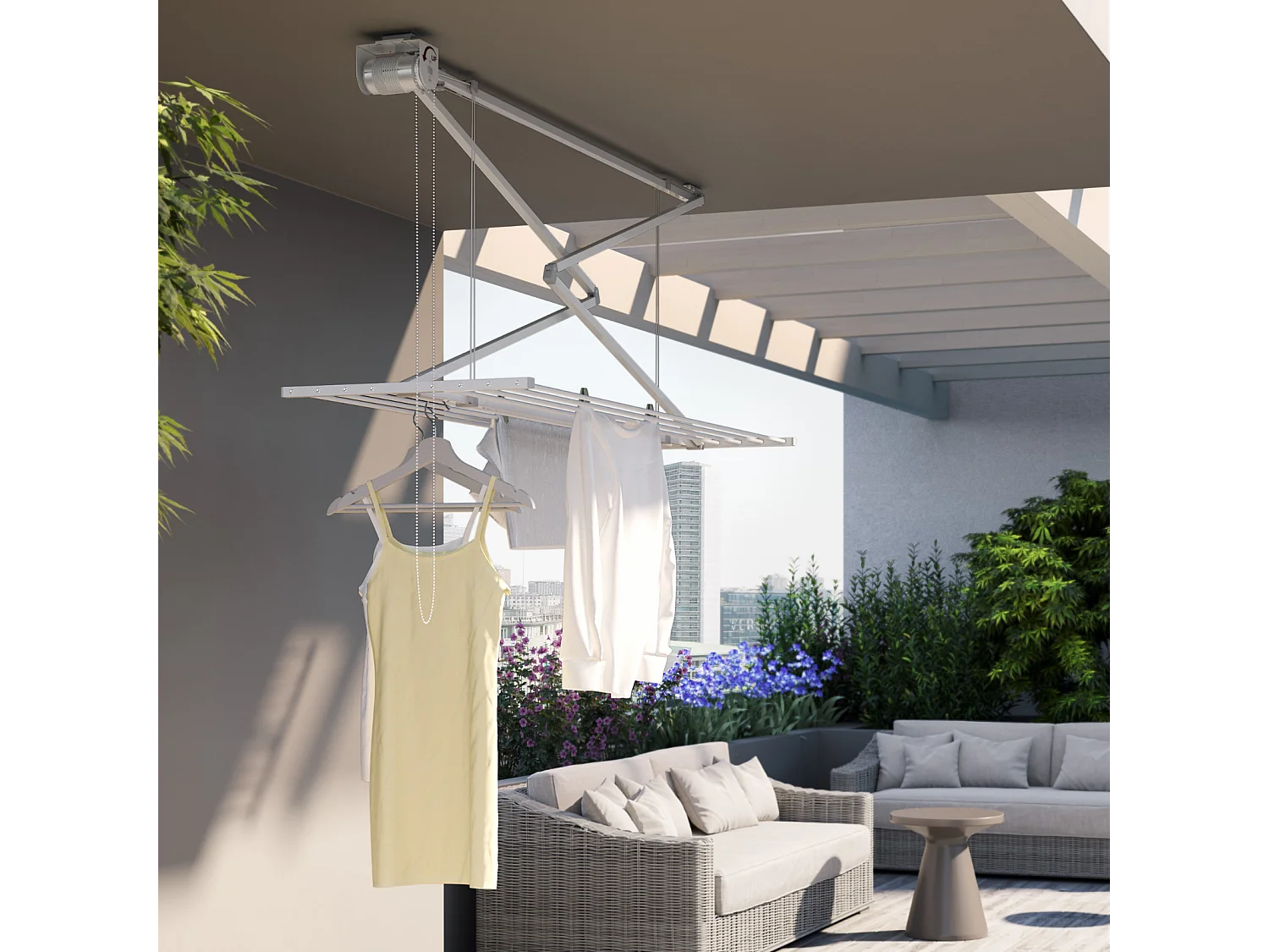 Étendoir de plafond manuel en aluminium résistant – blanc – 152x54x25 cm Mini 150