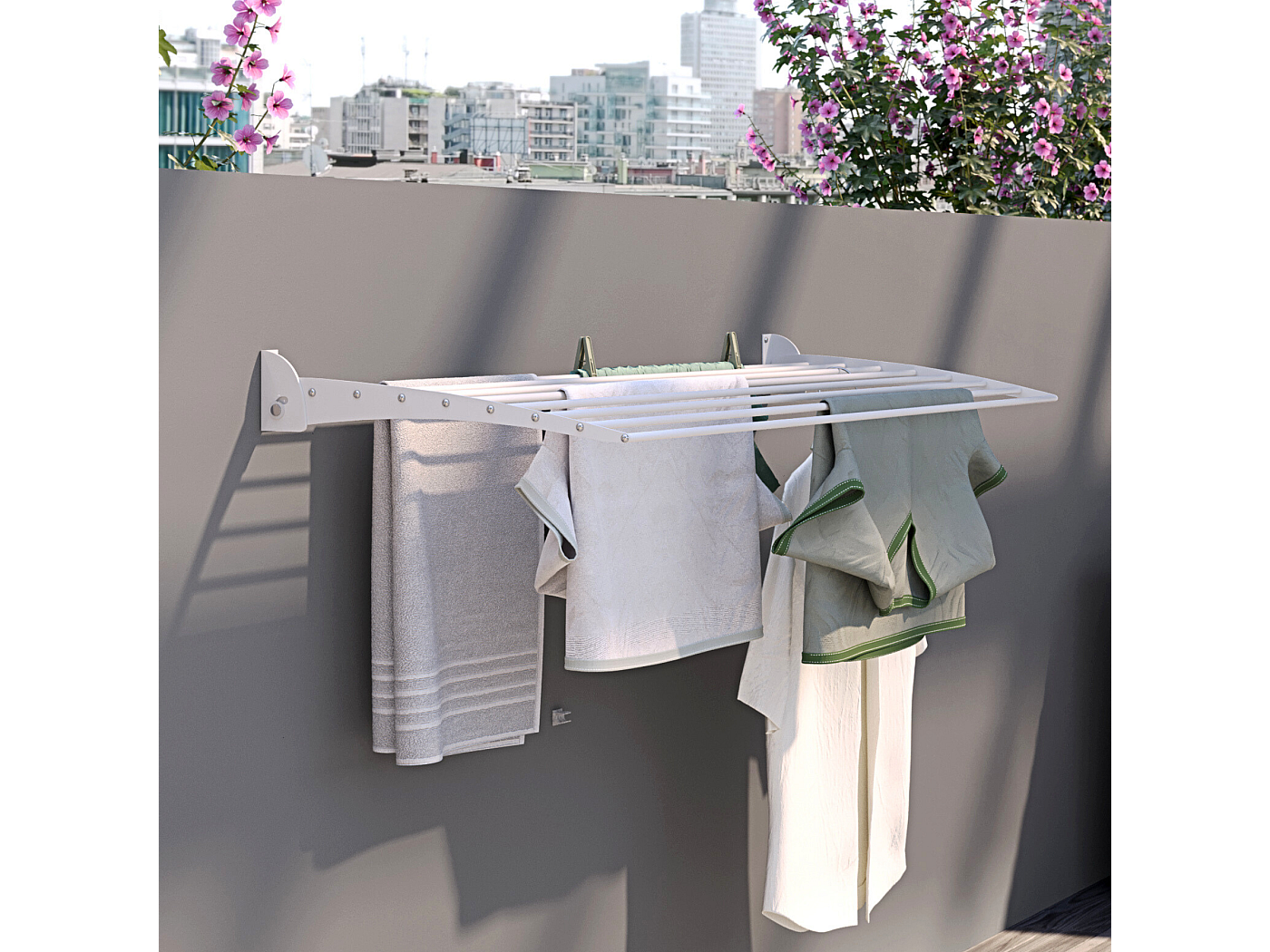 Étendoir à Linge Mural Pliable 120 Cm - 8.4 M De Longueur De Séchage, 7 Tiges, Blanc, Pour Intérieur/extérieur