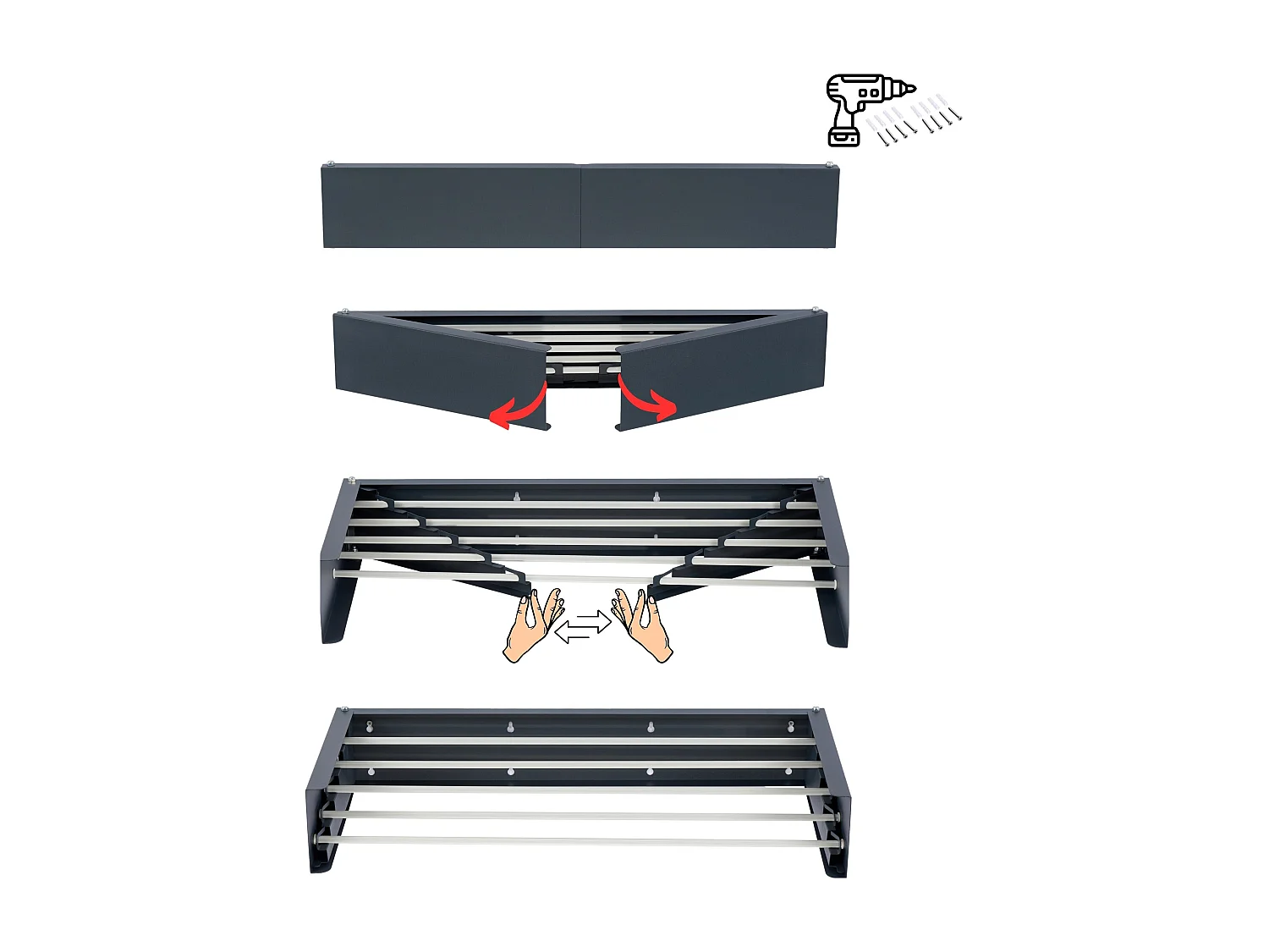 Étendoir mural rétractable en aluminium résistant – anthracite – 71x35x13 cm Hide 70