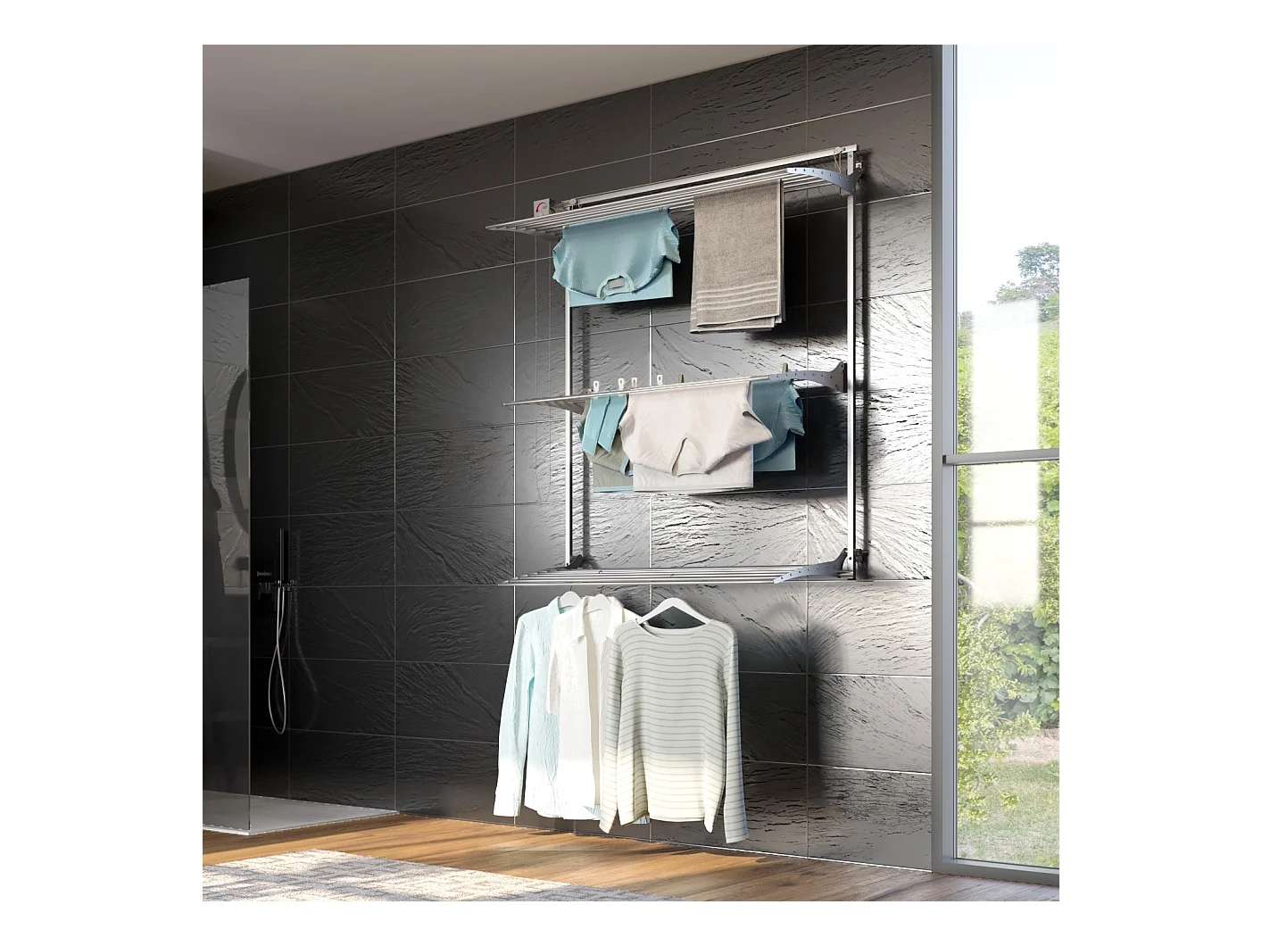 Étendoir mural 3 grilles pliable et réglable en hauteur – gris – 108x52x137 cm Tower