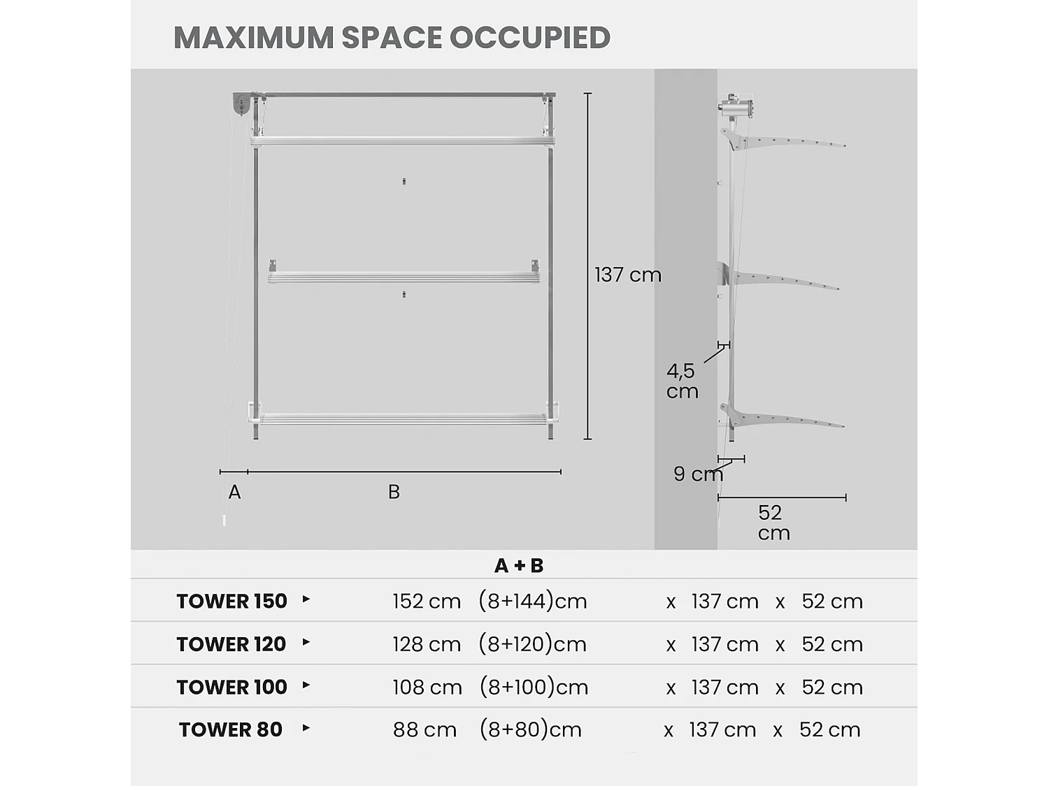 Étendoir mural 3 grilles pliable et réglable en hauteur – gris – 108x52x137 cm Tower