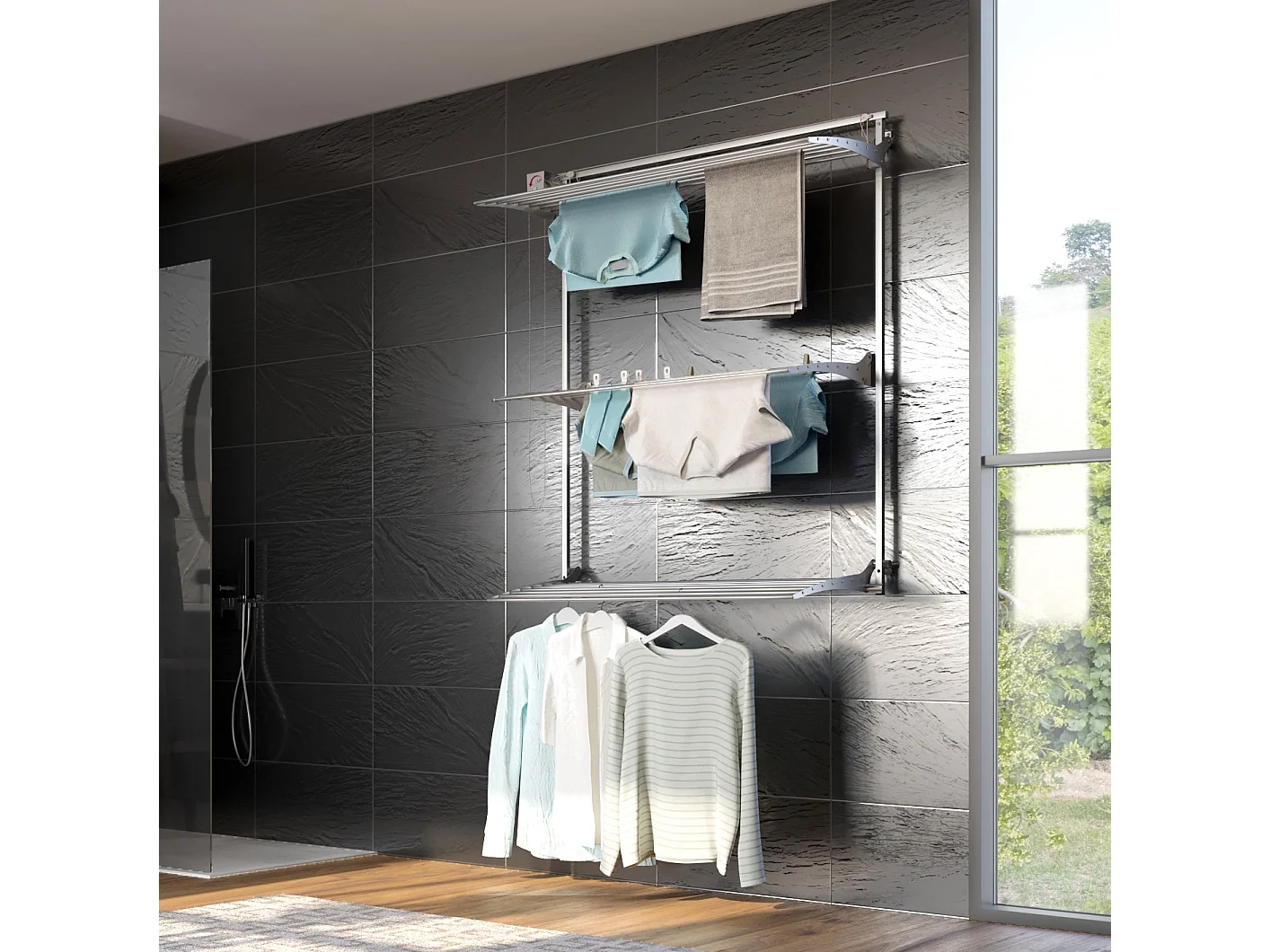 Étendoir mural 3 grilles pour intérieur et extérieur – gris – 152x52x137 cm Tower