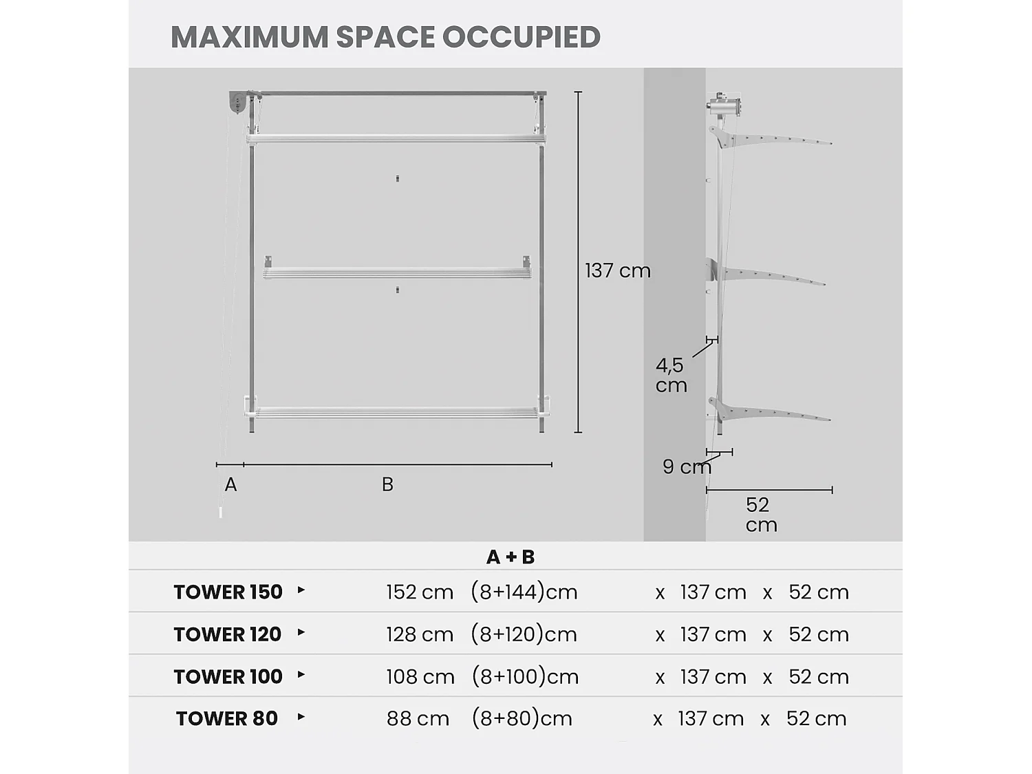 Étendoir mural 3 grilles pour intérieur et extérieur – gris – 152x52x137 cm Tower