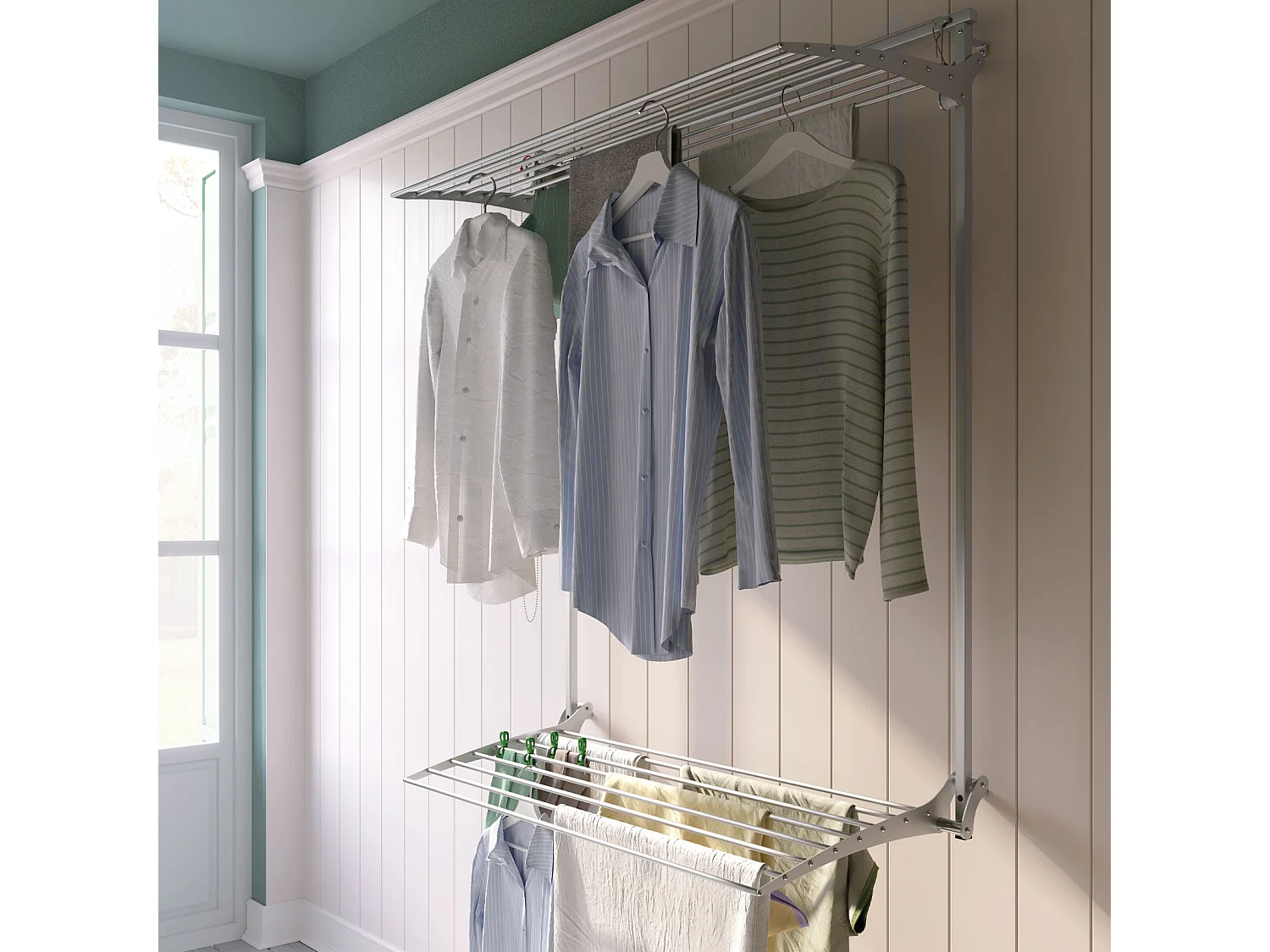 Étendoir mural 2 grilles pliable et réglable en hauteur – gris – 88x52x137 cm Wall Plus