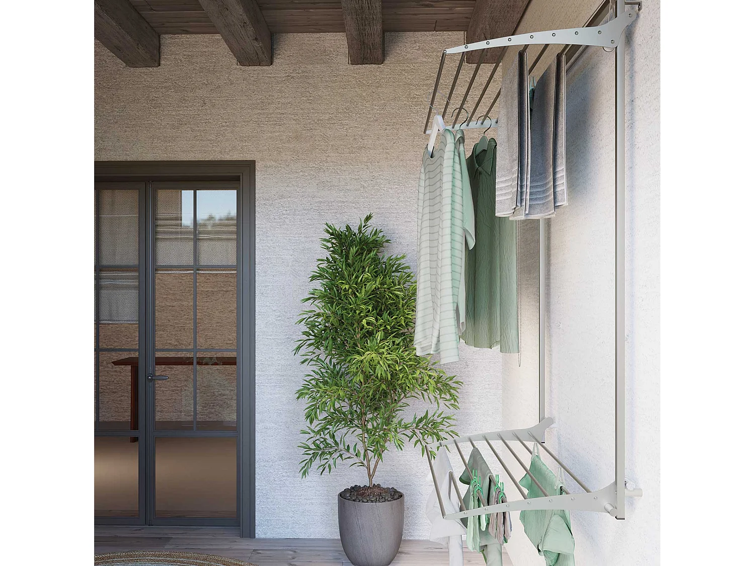 Étendoir mural 2 grilles pliable et réglable en hauteur – gris – 88x52x137 cm Wall Plus