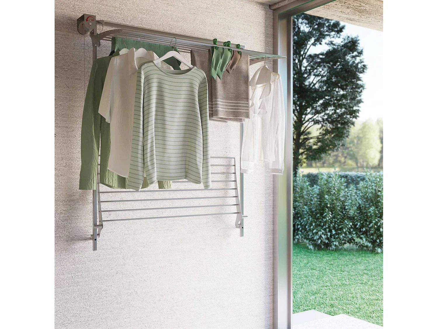 Étendoir mural 2 grilles pliable et réglable en hauteur – gris – 88x52x137 cm Wall Plus