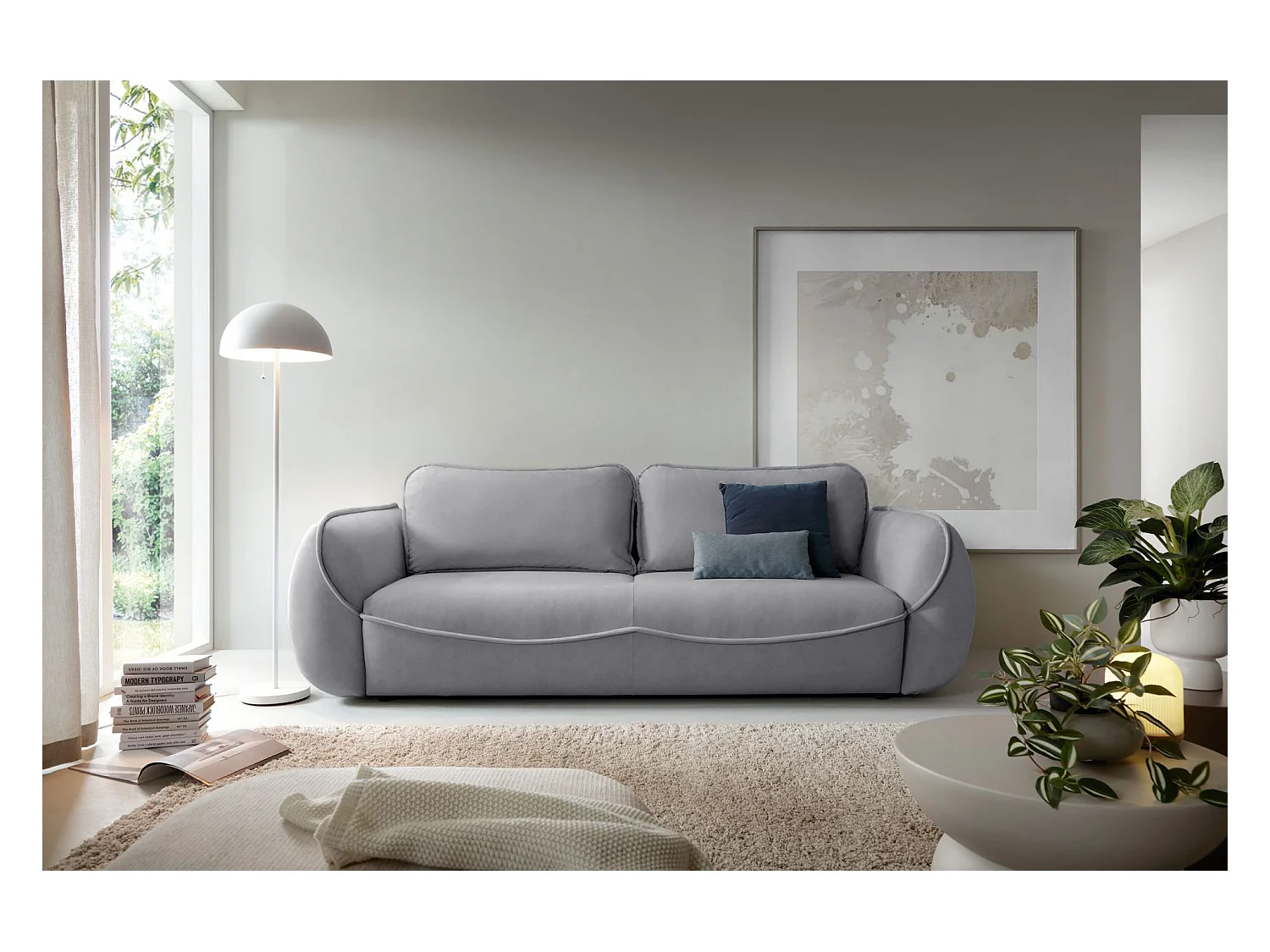 Canapé convertible 3 places - en velours gris clair - CUTIE