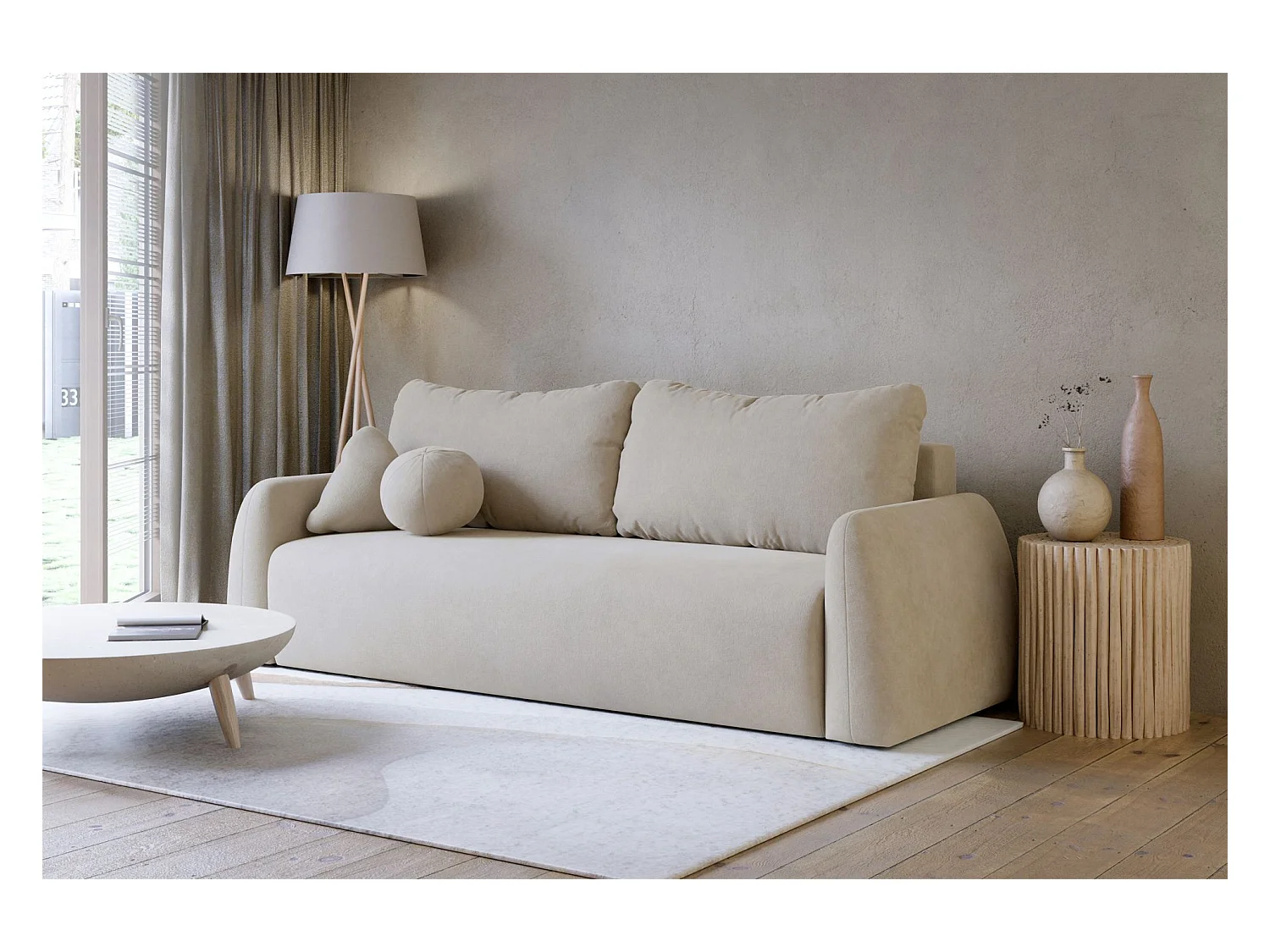 3-Sitzer Sofa - mit Schlaffunktion & Stauraum - Chenille - hellbeige