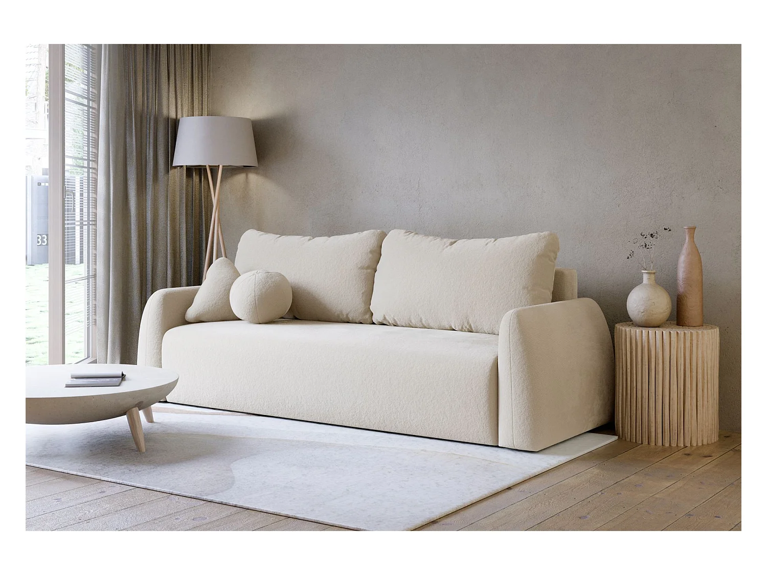 Canapé convertible 3 places - crème chenille - NUBELLE