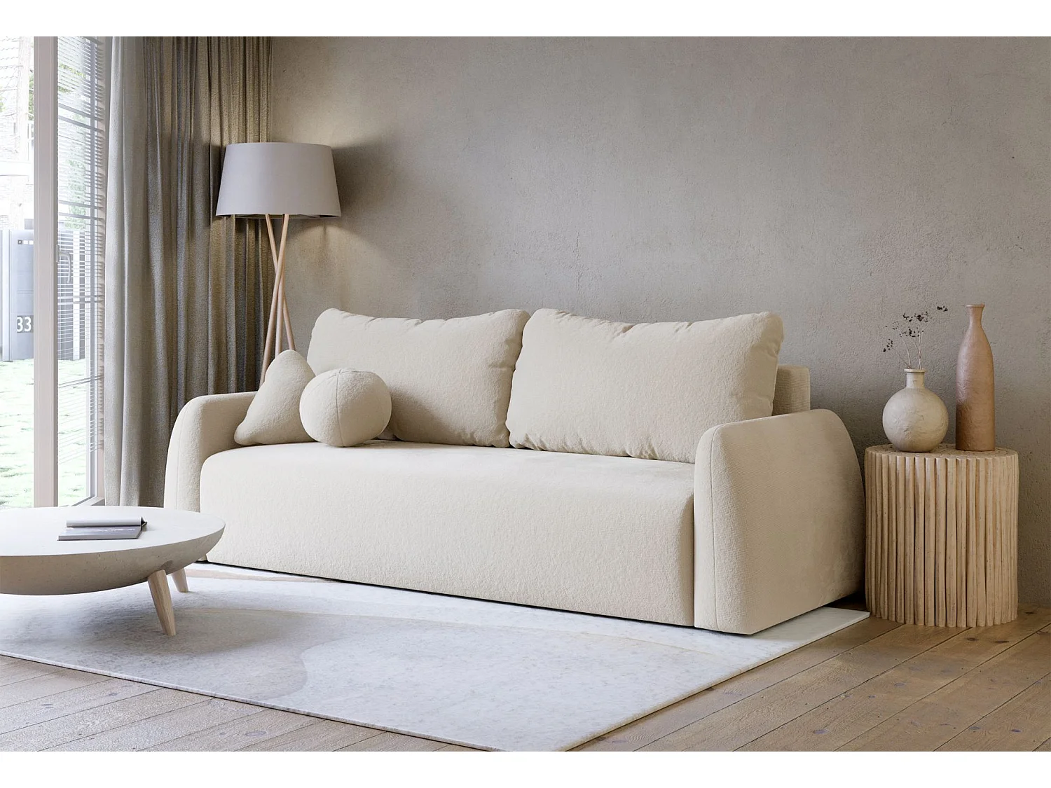 Canapé convertible 3 places - crème chenille - NUBELLE