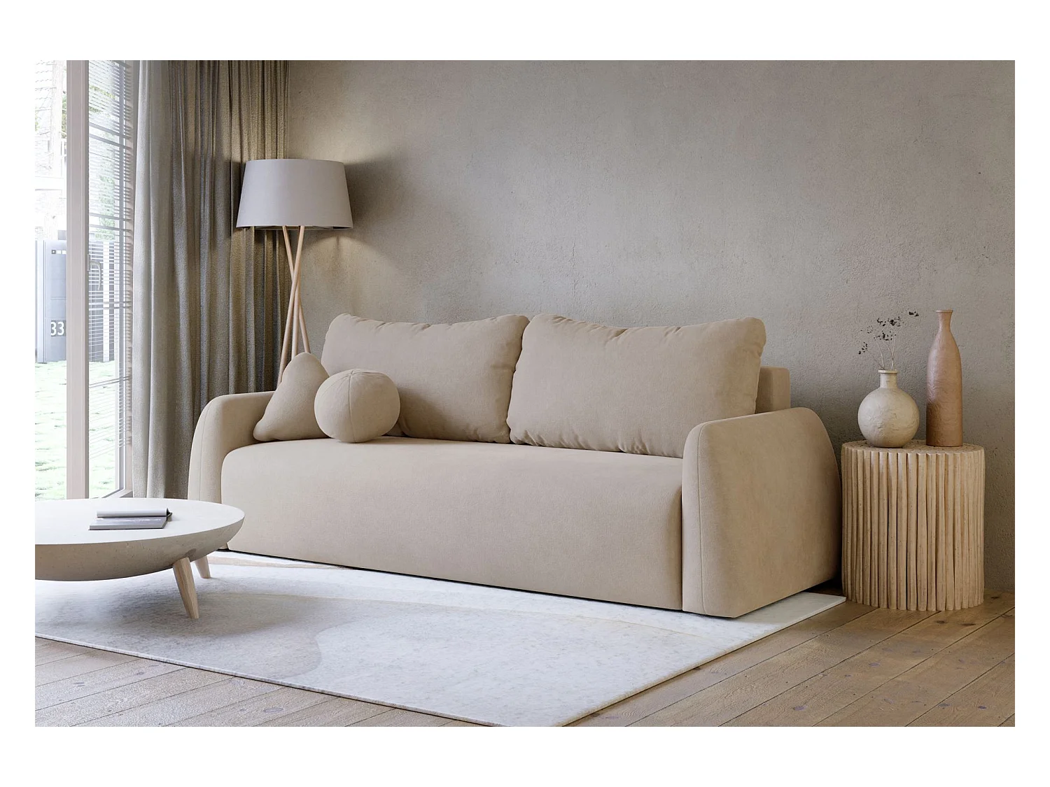 3-Sitzer Sofa - mit Schlaffunktion & Stauraum - Chenille - beige