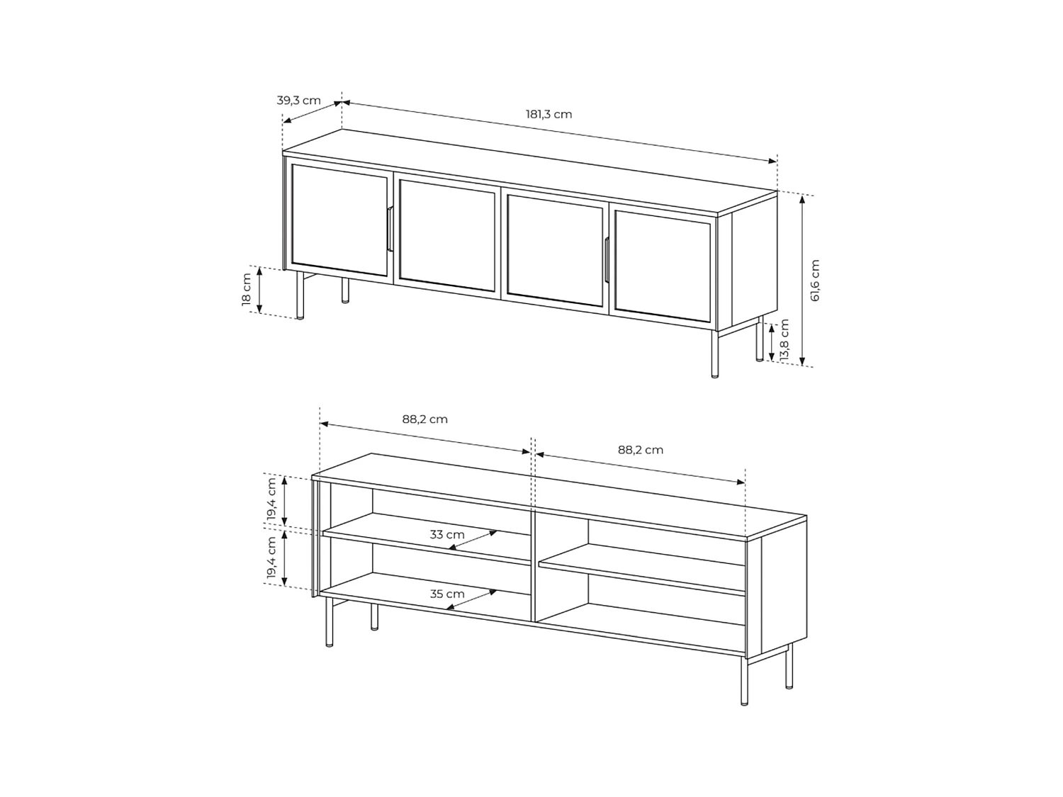 Meuble TV avec façades vitrées et LED – 181 cm – chêne Dunin – LUMI