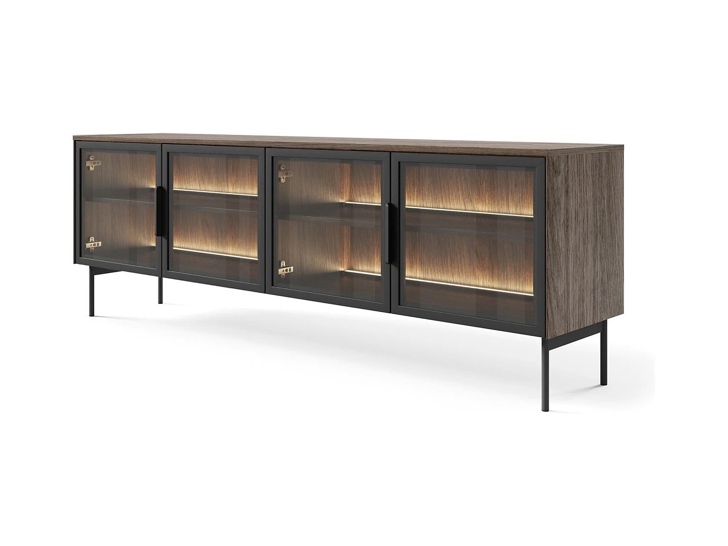 Meuble TV avec façades vitrées et LED – 181 cm – chêne Dunin – LUMI