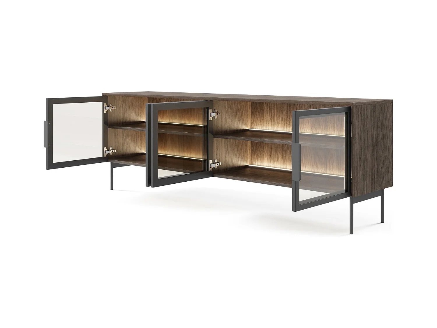 Meuble TV avec façades vitrées et LED – 181 cm – chêne Dunin – LUMI