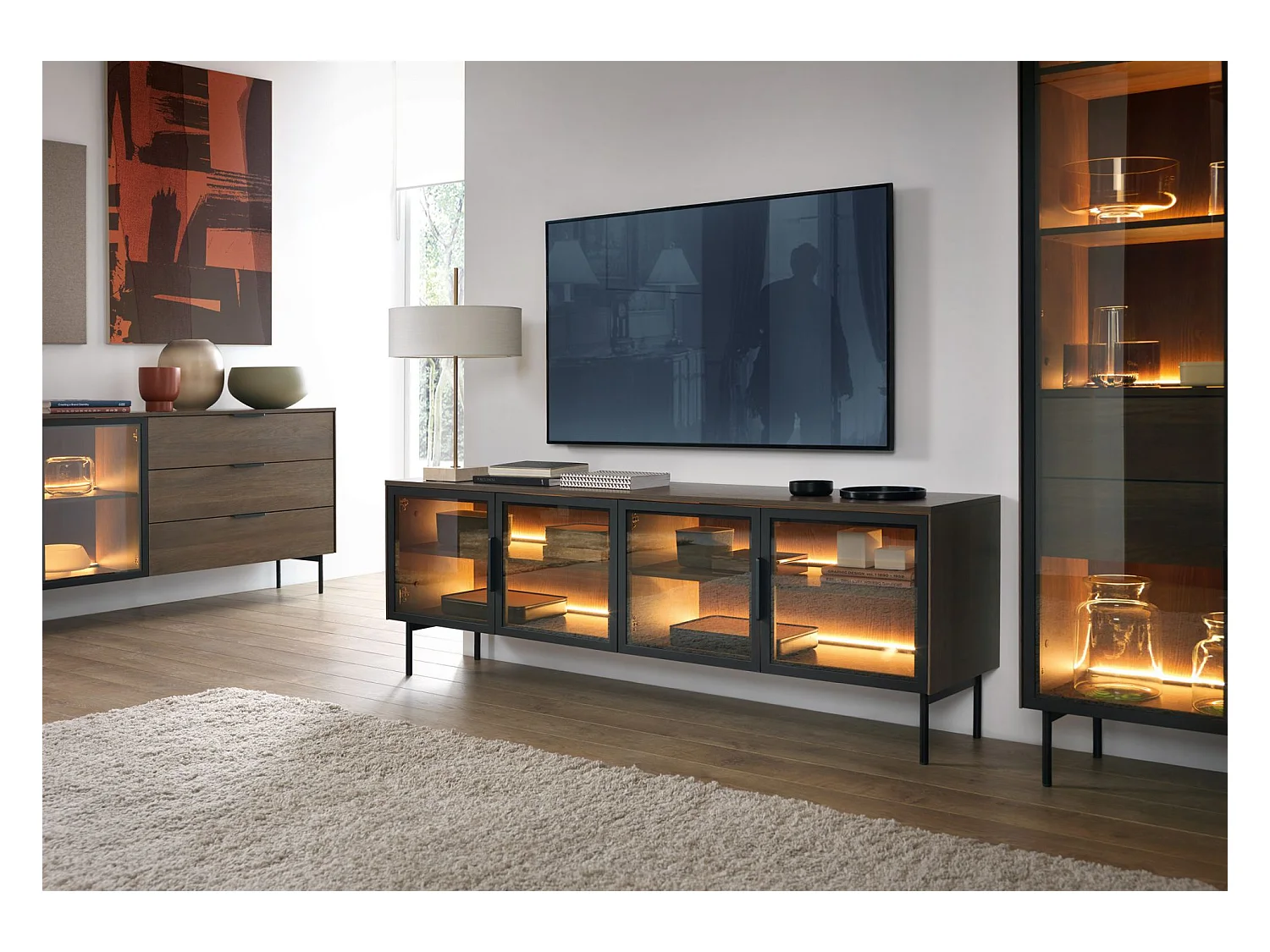 TV-Board mit Glasfronten und LED - Eiche Dunin - 181 cm - LUMI