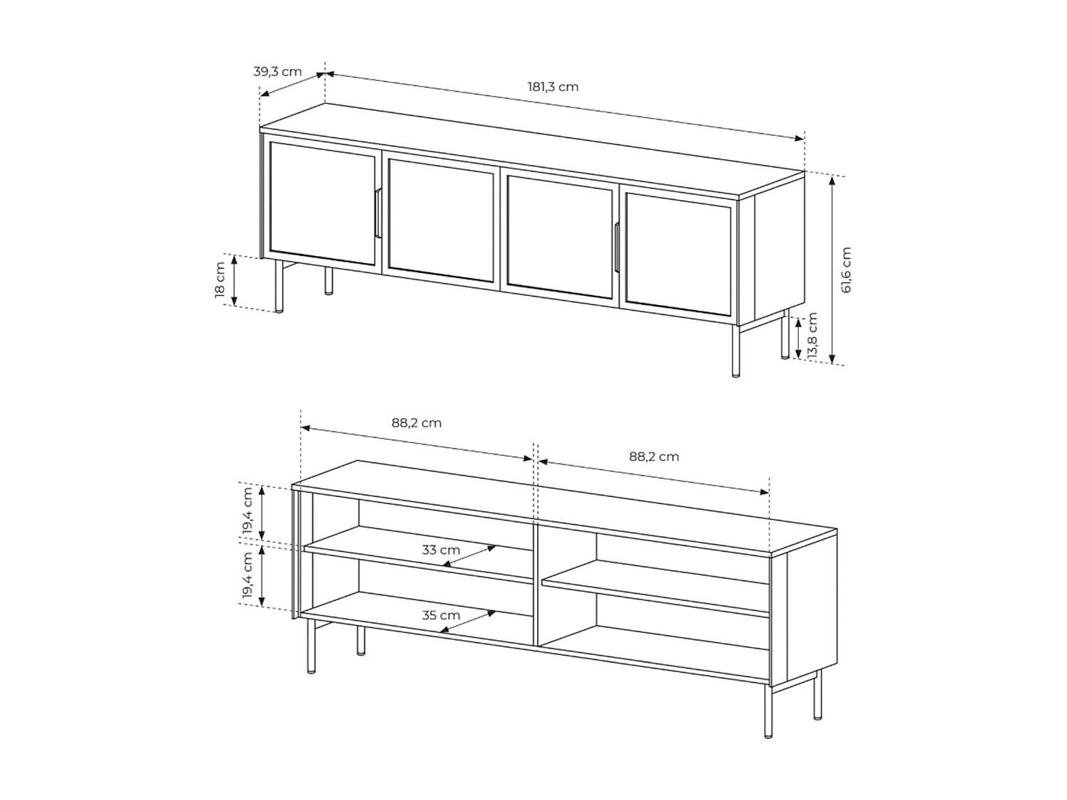 Meuble TV avec façades vitrées et LED – 181 cm – chêne Dunin – LUMI