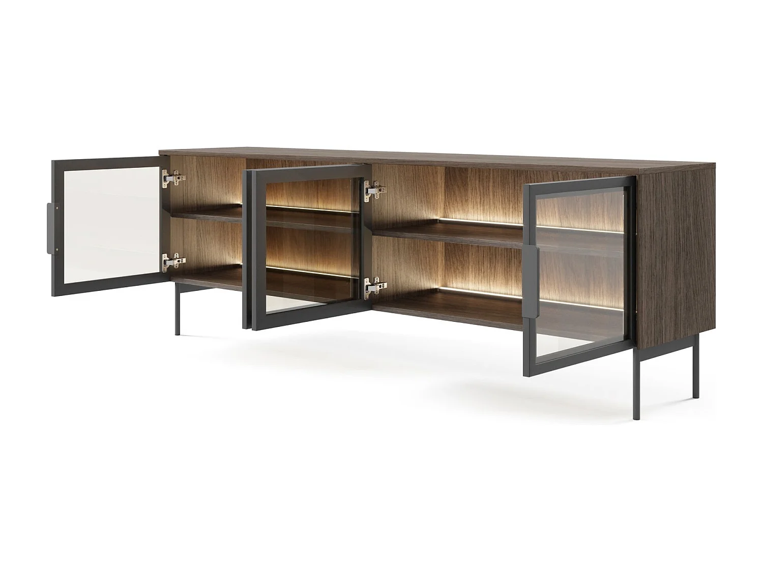 Meuble TV avec façades vitrées et LED – 181 cm – chêne Dunin – LUMI