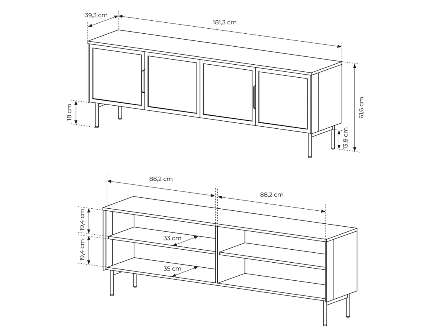 TV-meubel met glazen fronten en LED's - 181 cm - Dunin eiken - LUMI