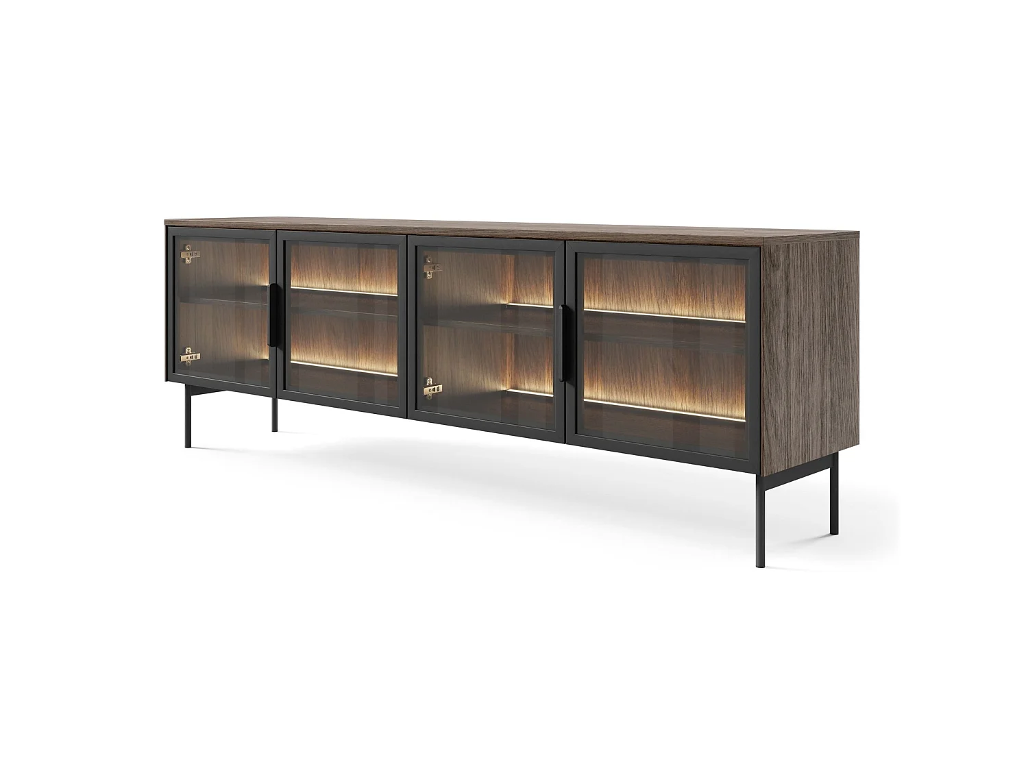 TV-meubel met glazen fronten en LED's - 181 cm - Dunin eiken - LUMI