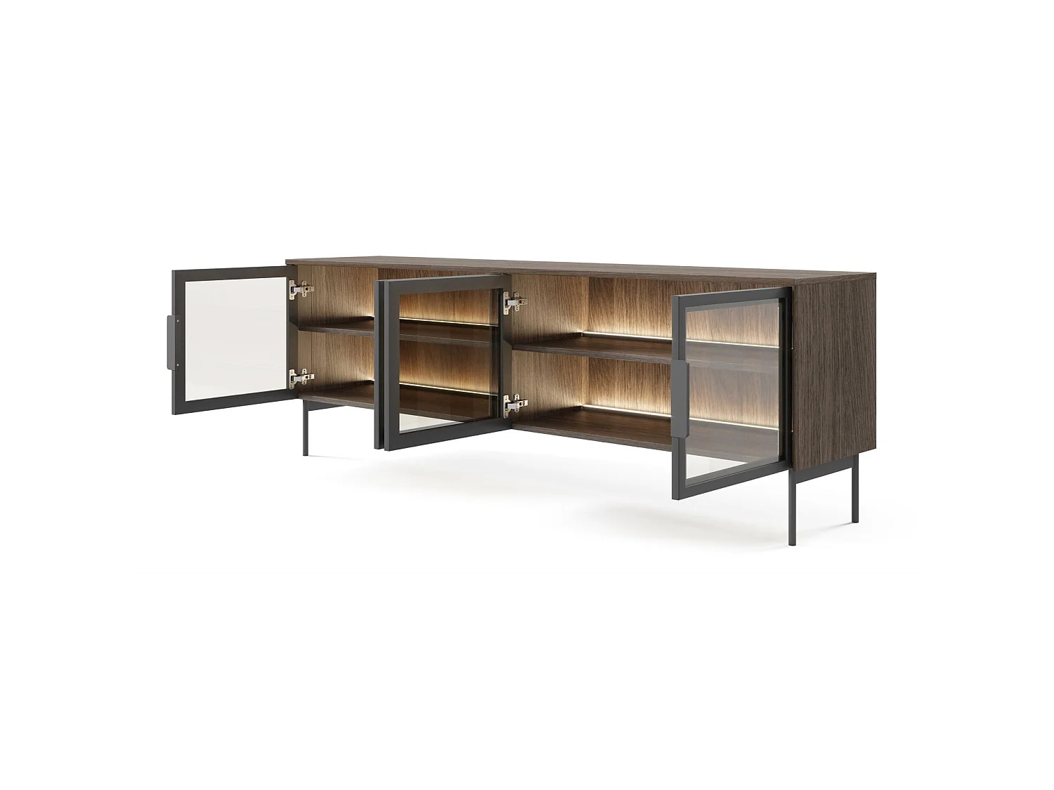 TV-meubel met glazen fronten en LED's - 181 cm - Dunin eiken - LUMI