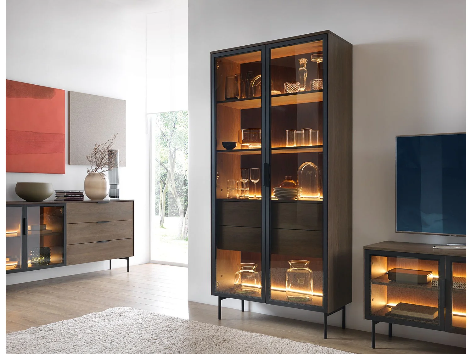 Vitrine 2 tiroirs avec LED – 91 cm – chêne Dunin – SELSEY LUMI